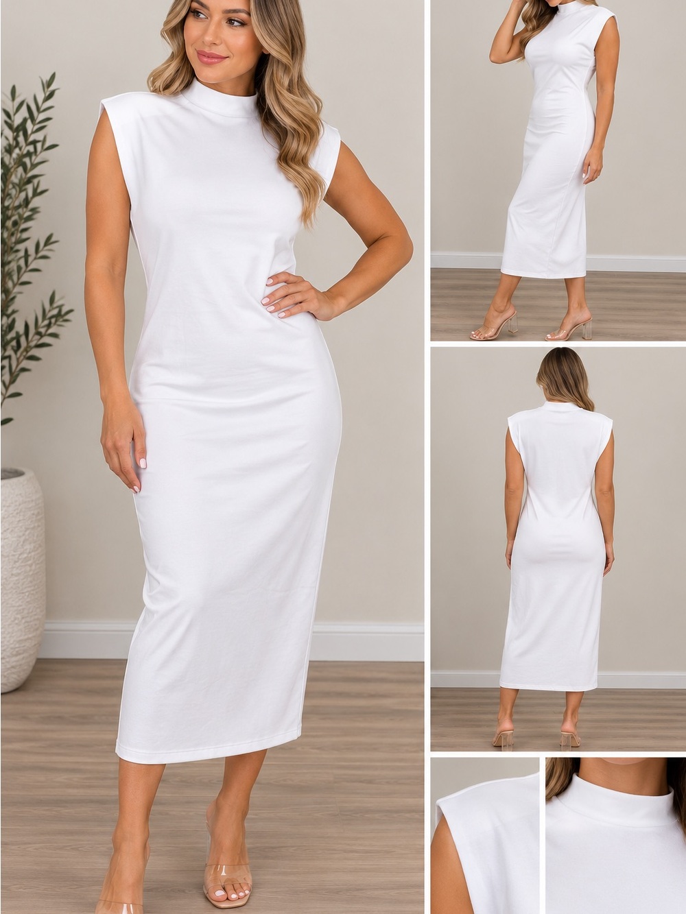 Sleeveless Mock Neck White Midi Dress